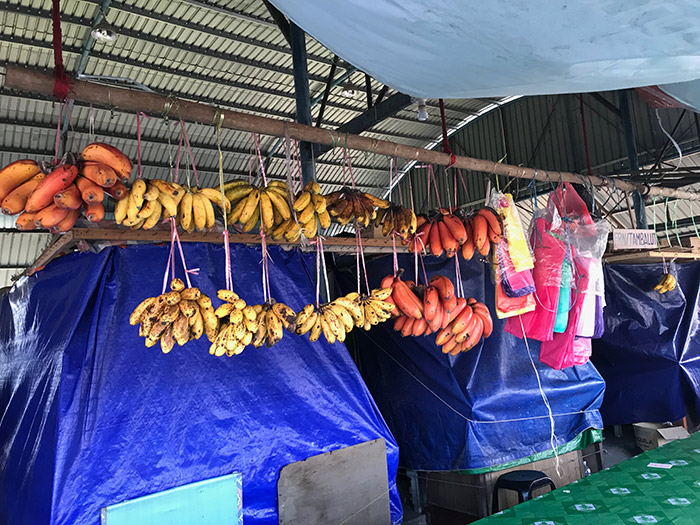 登山口へ向かう道中でモンキーバナナの吊るし売り（ひと房５RM）